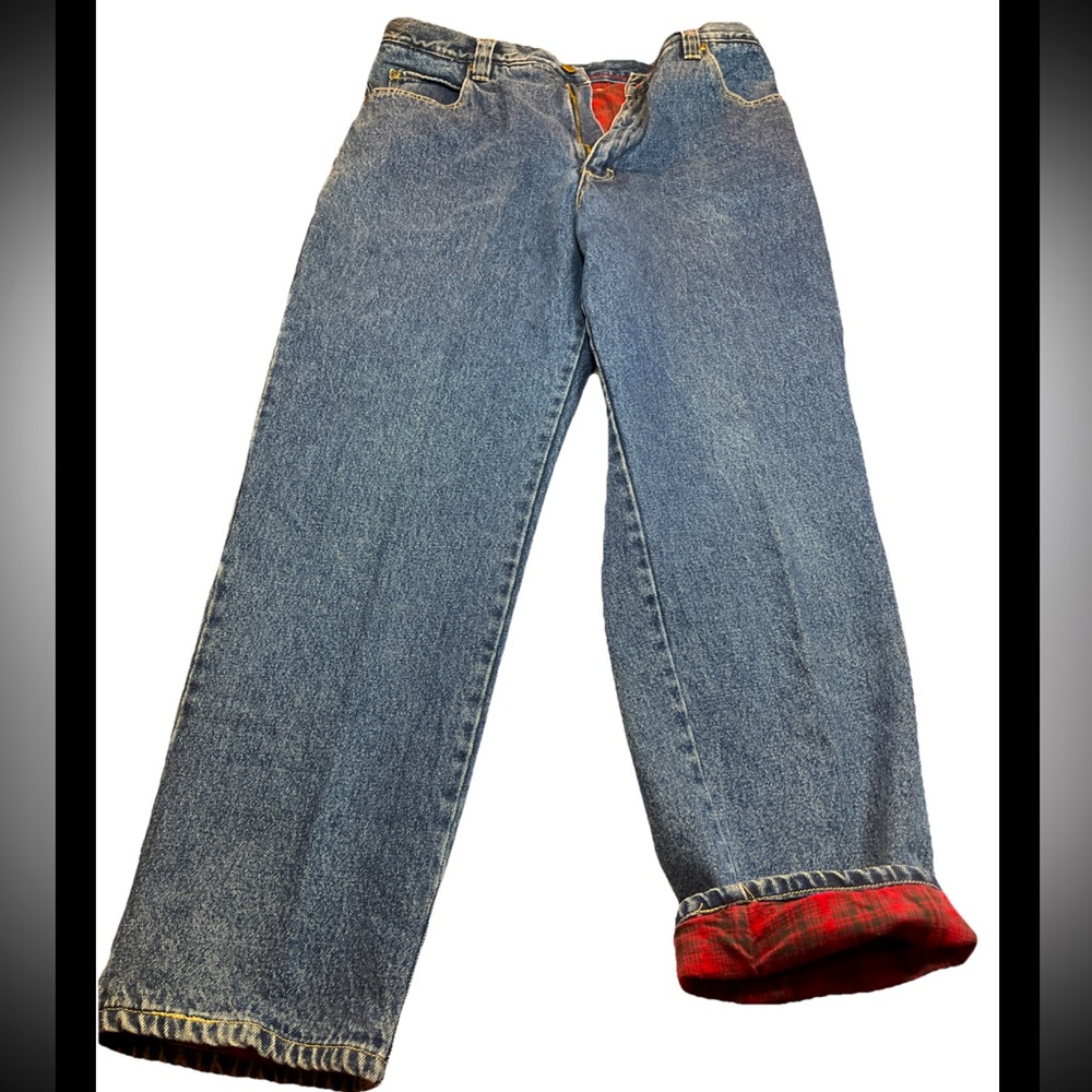 Woolrich Red Flannel Lined BLUE JEANS 36/34 MENS Denim Relaxed Fit Outdoor WORK